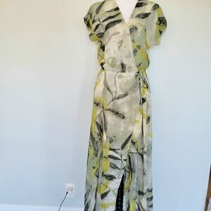 JENN Abstract Print Green Fray Front Wrap Slit Office Church Maxi Sz Small